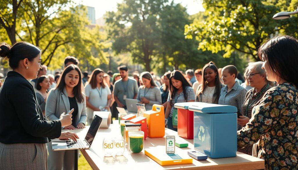 A vibrant community gathering in a sunlit urban park, showcasing a group of diverse individuals engaged in a technology integration workshop. In the foreground, a young woman in professional attire instructs a small group at a table with laptops and recycling technology models. The middle layer features colorful displays of innovative recycling solutions, including smart bins and mobile recycling apps, while participants actively interact with these technologies. In the background, green trees and community buildings reflect a harmonious environment. Warm, natural lighting enhances the scene, creating an inviting atmosphere that embodies collaboration and innovation in sustainable development. Capture this dynamic moment from a slightly elevated angle, emphasizing both the participants and the integration of technology into community initiatives.