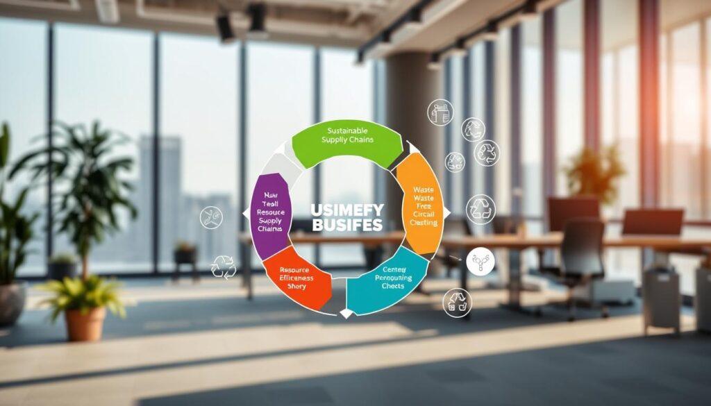 A visually engaging image depicting a circular business models implementation framework for waste-free operations. In the foreground, a stylized circular diagram features interconnected segments labeled with key methodologies like "Resource Efficiency," "Sustainable Supply Chains," and "Circular Design." Each segment is vividly colored to differentiate them, creating a clear visual harmony. The middle ground features abstract representations of corporate activities, such as renewable energy sources, recycling symbols, and eco-friendly products, subtly blending with the circular diagram. In the background, a modern office environment is visible, with large windows allowing soft natural light to flood in, enhancing the atmosphere of innovation and sustainability. A clean, strategic layout evokes a sense of forward-thinking and professionalism, suitable for a corporate audience.