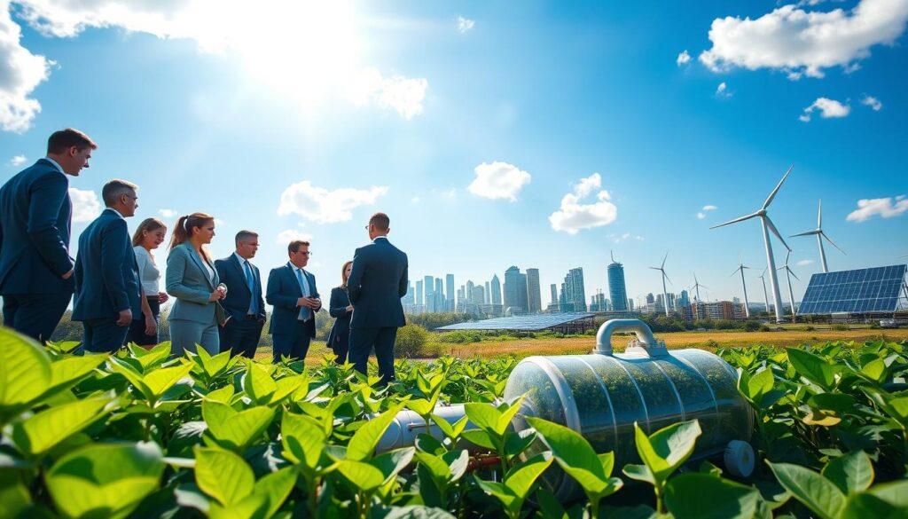 A visually striking representation of anaerobic digestion's economic and environmental benefits. In the foreground, a diverse group of professionals in business attire is engaged in a discussion, surrounded by vibrant green plants and a small biogas digester. The middle ground features a growing cityscape with solar panels and wind turbines, symbolizing clean energy evolution. In the background, a clear blue sky indicates a pollution-free environment. The image captures sunlight filtering through the clouds, casting a warm, hopeful glow, and evoking an atmosphere of innovation and sustainability. Utilize a wide-angle lens to enhance depth and perspective, showcasing both human and technological elements harmoniously intertwined.