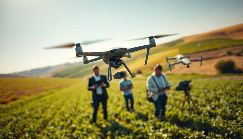 Aerial view of a vast agricultural landscape under bright, clear skies, featuring several drones actively surveying fields. In the foreground, a drone equipped with advanced sensors captures data, showcasing its sleek design. In the middle ground, professional agronomists in business attire analyze data on tablets, while a data scientist inputs information into a computer. Nearby, a field service technician maintains drone equipment, surrounded by lush crops. The background highlights rolling hills with patches of varying crops, illustrating the intersection of technology and agriculture. The image is illuminated by warm sunlight, creating a vibrant, optimistic atmosphere, emphasizing innovation and collaboration in AgriTech.