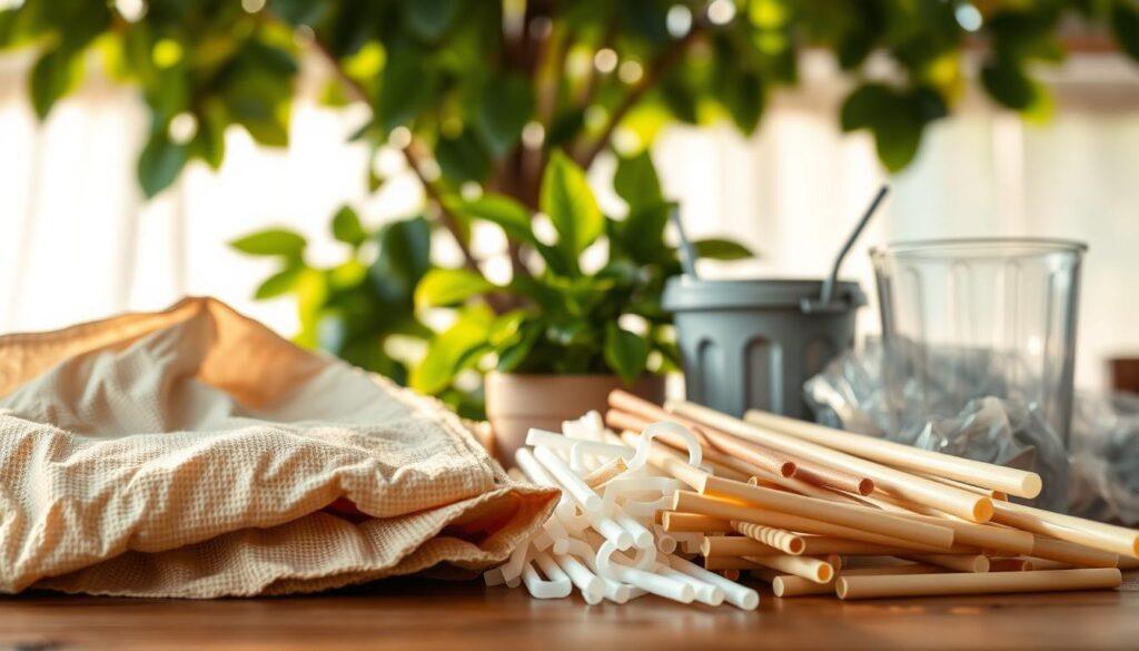 A close-up view of biodegradable plastic materials on a wooden table, showcasing various shapes and forms such as bags, containers, and straws. The foreground includes textured surfaces of these materials, highlighting their organic appearance with earthy tones reflecting their eco-friendliness. In the middle ground, display a lush green plant and a small compost bin to convey a sustainable environment. The background features soft sunlight filtering through leaves, creating a warm and inviting atmosphere. Use a shallow depth of field to focus on the biodegradable plastics, while the plant blurs softly. The overall mood should be optimistic and aligned with environmental sustainability.