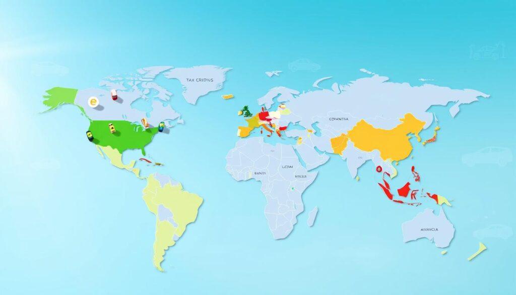 A detailed and vibrant global map illustrating electric vehicle (EV) policy incentives across various countries, showcasing regions with significant government support and regulatory frameworks. In the foreground, icons symbolizing different types of incentives like tax credits, rebates, and grants are scattered over their respective countries. The middle layer features color-coded areas highlighting emission standards and market drivers, transitioning from green (advancing) to red (lagging). The background is a soft gradient of blue representing a clean, technological future with subtle outlines of electric vehicles and charging stations. The lighting is bright and optimistic, suggesting growth and innovation, with a slight tilt perspective to enhance depth. The overall mood is progressive and hopeful, without any text or overlays. A detailed and vibrant global map illustrating electric vehicle (EV) policy incentives across various countries, showcasing regions with significant government support and regulatory frameworks. In the foreground, icons symbolizing different types of incentives like tax credits, rebates, and grants are scattered over their respective countries. The middle layer features color-coded areas highlighting emission standards and market drivers, transitioning from green (advancing) to red (lagging). The background is a soft gradient of blue representing a clean, technological future with subtle outlines of electric vehicles and charging stations. The lighting is bright and optimistic, suggesting growth and innovation, with a slight tilt perspective to enhance depth. The overall mood is progressive and hopeful, without any text or overlays.