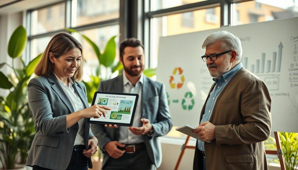 A diverse group of professionals engaged in a collaborative meeting focused on sustainable practices, illuminated by soft natural light filtering through large windows. In the foreground, a middle-aged woman, dressed in smart business attire, points at a digital tablet displaying eco-friendly project plans. Beside her, a young man in a neat casual outfit takes notes, while another colleague, an older individual with glasses, gestures towards a whiteboard filled with diagrams of circular economy concepts. The background features green plants and recycling symbols, enhancing the idea of a thriving, environmentally conscious workspace. The atmosphere is one of innovation and teamwork, evoking a sense of purpose in the transition to green skills and sustainable development. A diverse group of professionals engaged in a collaborative meeting focused on sustainable practices, illuminated by soft natural light filtering through large windows. In the foreground, a middle-aged woman, dressed in smart business attire, points at a digital tablet displaying eco-friendly project plans. Beside her, a young man in a neat casual outfit takes notes, while another colleague, an older individual with glasses, gestures towards a whiteboard filled with diagrams of circular economy concepts. The background features green plants and recycling symbols, enhancing the idea of a thriving, environmentally conscious workspace. The atmosphere is one of innovation and teamwork, evoking a sense of purpose in the transition to green skills and sustainable development.