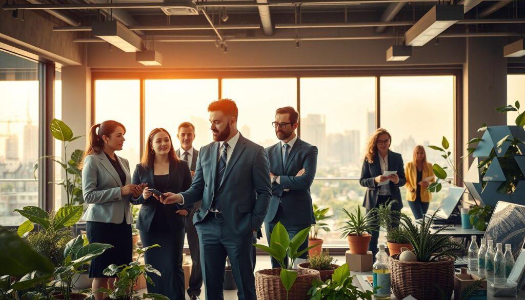 A dynamic and visually engaging scene depicting the concept of "sustainability career pathways" in the context of the circular economy. In the foreground, a diverse group of professionals dressed in smart business attire, including a woman presenting a digital tablet, a man discussing with a colleague, and others examining eco-friendly materials. The middle ground features a bright, modern workspace filled with green plants, recycling symbols, and sustainable products scattered throughout. In the background, large windows let in warm, natural light, showcasing a city skyline with green rooftops and solar panels. The atmosphere is innovative and collaborative, filled with a sense of purpose and hope for the future, captured with a soft focus and vibrant color tones to enhance the mood. A dynamic and visually engaging scene depicting the concept of "sustainability career pathways" in the context of the circular economy. In the foreground, a diverse group of professionals dressed in smart business attire, including a woman presenting a digital tablet, a man discussing with a colleague, and others examining eco-friendly materials. The middle ground features a bright, modern workspace filled with green plants, recycling symbols, and sustainable products scattered throughout. In the background, large windows let in warm, natural light, showcasing a city skyline with green rooftops and solar panels. The atmosphere is innovative and collaborative, filled with a sense of purpose and hope for the future, captured with a soft focus and vibrant color tones to enhance the mood.