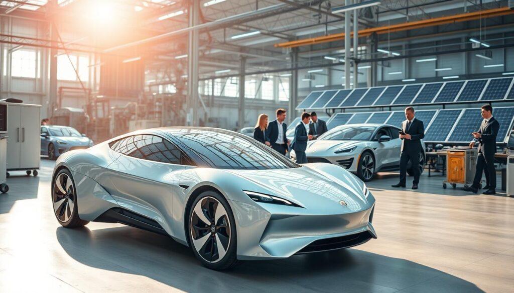 A dynamic scene showcasing the transformation of the automotive industry towards electric vehicles. In the foreground, a sleek, futuristic electric car design from a startup, gleaming under bright, natural lighting, emphasizing its modern aesthetics. In the middle ground, a busy office space filled with professional business people in smart attire, collaborating over designs and prototypes of electric vehicles, symbolizing innovation and teamwork. In the background, a duality depicting an older, traditional factory with assembly lines producing conventional cars juxtaposed against a modern facility focused on EV technology, featuring solar panels. The atmosphere is one of excitement and forward momentum, captured from a slightly elevated angle to convey the contrast between legacy automakers and agile EV startups. The overall mood is optimistic and transformative. A dynamic scene showcasing the transformation of the automotive industry towards electric vehicles. In the foreground, a sleek, futuristic electric car design from a startup, gleaming under bright, natural lighting, emphasizing its modern aesthetics. In the middle ground, a busy office space filled with professional business people in smart attire, collaborating over designs and prototypes of electric vehicles, symbolizing innovation and teamwork. In the background, a duality depicting an older, traditional factory with assembly lines producing conventional cars juxtaposed against a modern facility focused on EV technology, featuring solar panels. The atmosphere is one of excitement and forward momentum, captured from a slightly elevated angle to convey the contrast between legacy automakers and agile EV startups. The overall mood is optimistic and transformative.