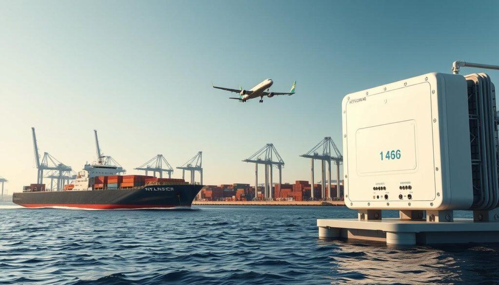 A futuristic industrial setting highlighting the multifaceted applications of hydrogen fuel cells in maritime and aviation transport. In the foreground, a hydrogen-powered cargo ship with sleek, modern design, releasing only water vapor; to the side, a cutting-edge hydrogen fuel cell powering heavy-duty equipment, showcasing advanced technology. The middle ground features a hydrogen-powered aircraft in mid-takeoff, soaring through a clear blue sky. In the background, a bustling industrial port with cranes and containers, emphasizing innovation and sustainability. The scene is illuminated by soft natural sunlight, casting dynamic shadows. A wide-angle shot captures the grandeur of the landscape while maintaining clarity and focus on the hydrogen transport technologies. The atmosphere is one of optimism and progress, reflecting a cleaner, greener future in transportation.