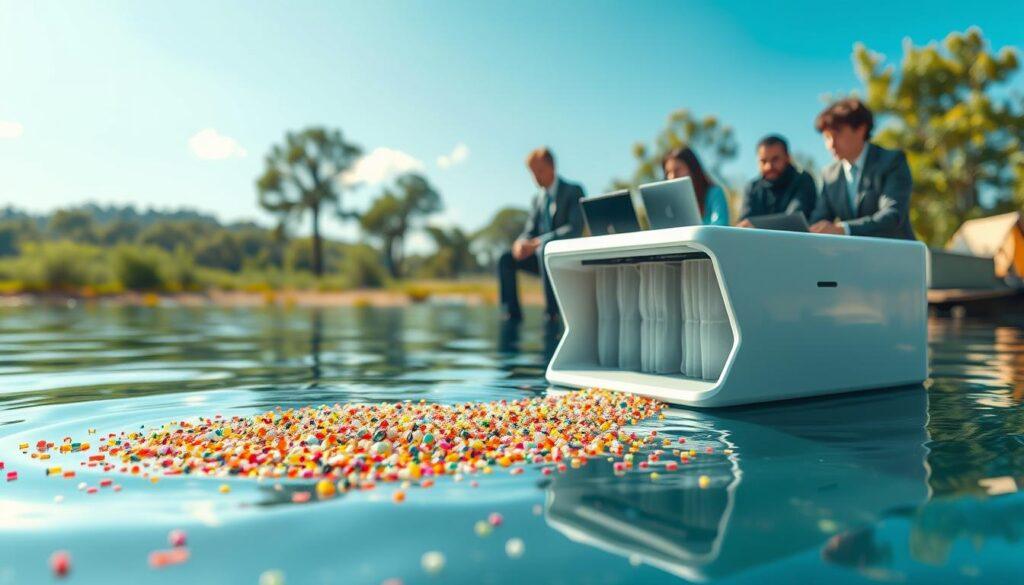 A futuristic microplastic removal technology scene, featuring a sleek, advanced filtration device in the foreground, collecting tiny, colorful microplastic particles from a serene water surface. The middle ground showcases a diverse team of scientists in professional business attire, focused on monitoring the technology’s efficiency on computers and high-tech displays. In the background, a clean, vibrant natural landscape, illustrating a reclaimed environment free of plastic waste, with clear skies and lush greenery. The lighting is bright and natural, emphasizing innovation and hope. Use a wide-angle view to capture the entire scene, highlighting the harmony between technology and nature, with a mood of optimism and proactive environmental stewardship.