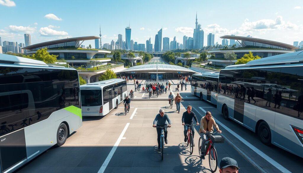 A futuristic multimodal integration transit hub showcasing seamless connections between various transportation modes, such as electric buses, bicycles, and pedestrian walkways. In the foreground, sleek, modern electric vehicles and cyclists are interacting harmoniously with spacious, well-designed platforms. The middle ground displays a large, airy terminal with green roofs and solar panels, filled with diverse people in professional attire and modest casual clothing. The background features a city skyline with lush greenery and innovative architecture that emphasizes sustainable design principles. Natural lighting floods the scene, creating a vibrant atmosphere with clear blue skies. Capture the perspective from a low angle to emphasize the hub's impressive scale and modernity, conveying a sense of hope and innovation in sustainable transportation.