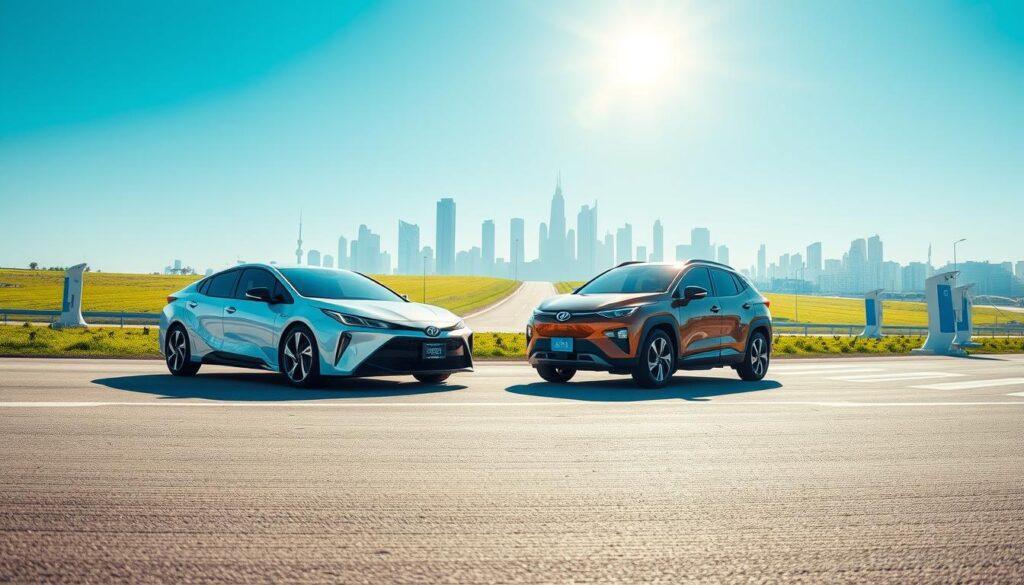 A futuristic scene showcasing a Toyota Mirai and a Hyundai NEXO parked along a sprawling hydrogen highway. In the foreground, the sleek lines and modern design of both vehicles are highlighted under bright daylight, reflecting innovation in hydrogen fuel cell technology. The middle ground features a clean, green landscape with neatly designed hydrogen refueling stations, emphasizing the shift towards sustainable transportation. In the background, a sunlit skyline with high-tech buildings represents urban growth and progress. The mood is optimistic and forward-thinking, with clear blue skies. The scene is captured from a low angle, giving prominence to the vehicles while showcasing the expansive highway, inviting viewers into the future of eco-friendly transportation.