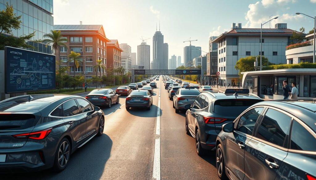 A futuristic urban scene depicting AI-driven traffic flow optimization. In the foreground, sleek, autonomous vehicles equipped with digital interfaces smoothly merge into a well-organized traffic system, showcasing advanced sensors and connectivity features. In the middle ground, a high-tech traffic control center with large screens displays real-time data analysis and route optimization algorithms, while professionals in smart casual clothing monitor the situation. The background features a vibrant cityscape with green spaces, solar panels on rooftops, and pedestrians enjoying the sustainable environment. The image is bathed in soft, natural light, enhancing a sense of innovation and harmony. Use a wide-angle view to capture the dynamic interaction between technology and urban life, all while maintaining a clean, modern aesthetic. A futuristic urban scene depicting AI-driven traffic flow optimization. In the foreground, sleek, autonomous vehicles equipped with digital interfaces smoothly merge into a well-organized traffic system, showcasing advanced sensors and connectivity features. In the middle ground, a high-tech traffic control center with large screens displays real-time data analysis and route optimization algorithms, while professionals in smart casual clothing monitor the situation. The background features a vibrant cityscape with green spaces, solar panels on rooftops, and pedestrians enjoying the sustainable environment. The image is bathed in soft, natural light, enhancing a sense of innovation and harmony. Use a wide-angle view to capture the dynamic interaction between technology and urban life, all while maintaining a clean, modern aesthetic.