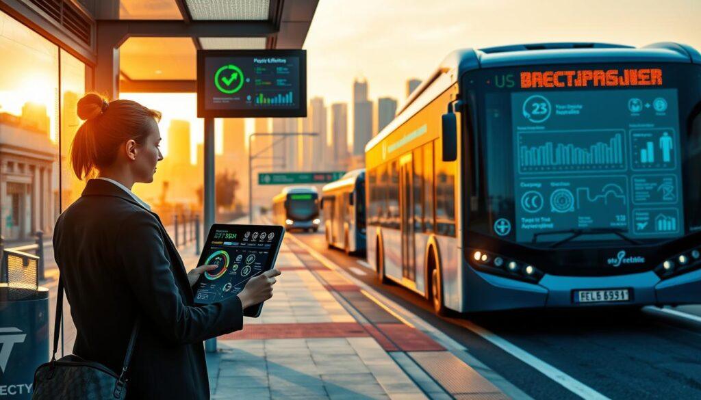 A futuristic urban setting showcasing an electric bus stop with a sleek, energy-efficient electric bus ready for passengers. In the foreground, a professional businesswoman in smart attire is using a digital touchscreen display to plan optimal routes, with vivid interfaces showing energy management metrics, charging schedules, and real-time traffic data. In the middle, multiple electric buses are seen navigating a well-organized cityscape, featuring dedicated bus lanes and charging stations. The background highlights a vibrant city skyline bathed in golden hour light, creating a warm and optimistic ambiance. The scene should convey a sense of innovation and efficiency, captured with a high-resolution lens for clarity and detail, emphasizing the transformative impact of electric transit systems. A futuristic urban setting showcasing an electric bus stop with a sleek, energy-efficient electric bus ready for passengers. In the foreground, a professional businesswoman in smart attire is using a digital touchscreen display to plan optimal routes, with vivid interfaces showing energy management metrics, charging schedules, and real-time traffic data. In the middle, multiple electric buses are seen navigating a well-organized cityscape, featuring dedicated bus lanes and charging stations. The background highlights a vibrant city skyline bathed in golden hour light, creating a warm and optimistic ambiance. The scene should convey a sense of innovation and efficiency, captured with a high-resolution lens for clarity and detail, emphasizing the transformative impact of electric transit systems.