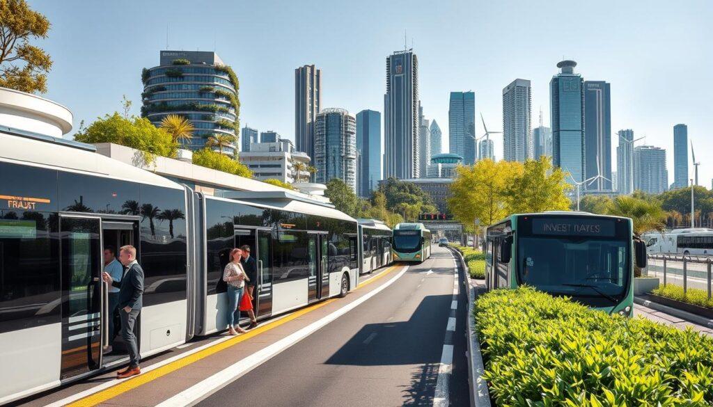 A modern Bus Rapid Transit (BRT) system in a vibrant, urban setting focused on sustainability. In the foreground, sleek, electric buses with unique designs and large windows are stopped at a clean, eco-friendly bus station featuring green roofs and solar panels. Passengers, dressed in smart casual attire, are boarding and alighting. The middle ground showcases dedicated bus lanes lined with lush greenery and smart traffic signals. In the background, an advanced city skyline includes skyscrapers with vertical gardens and wind turbines. The lighting is bright and sunny, creating a cheerful atmosphere, with dynamic angles that capture movement and innovation. The overall mood conveys progressive urban transportation and environmental consciousness. A modern Bus Rapid Transit (BRT) system in a vibrant, urban setting focused on sustainability. In the foreground, sleek, electric buses with unique designs and large windows are stopped at a clean, eco-friendly bus station featuring green roofs and solar panels. Passengers, dressed in smart casual attire, are boarding and alighting. The middle ground showcases dedicated bus lanes lined with lush greenery and smart traffic signals. In the background, an advanced city skyline includes skyscrapers with vertical gardens and wind turbines. The lighting is bright and sunny, creating a cheerful atmosphere, with dynamic angles that capture movement and innovation. The overall mood conveys progressive urban transportation and environmental consciousness.