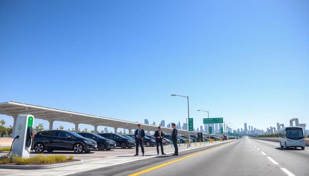 A modern EV charging network fast corridor under a bright blue sky, showcasing multiple sleek charging stations lined along an innovative highway. In the foreground, a well-designed, energy-efficient charging hub with solar panels and green landscaping, featuring electric vehicles plugged in and charging. The middle ground includes busy professionals in modest business attire discussing their next journeys, while electric buses and bikes are visible. In the background, a futuristic city skyline symbolizes sustainable urban mobility, with clear signage guiding drivers to nearby amenities. Sunlight reflects off the polished surfaces, creating a vibrant atmosphere of innovation and sustainability, photographed from a low angle to emphasize the scale and modernity of the infrastructure.