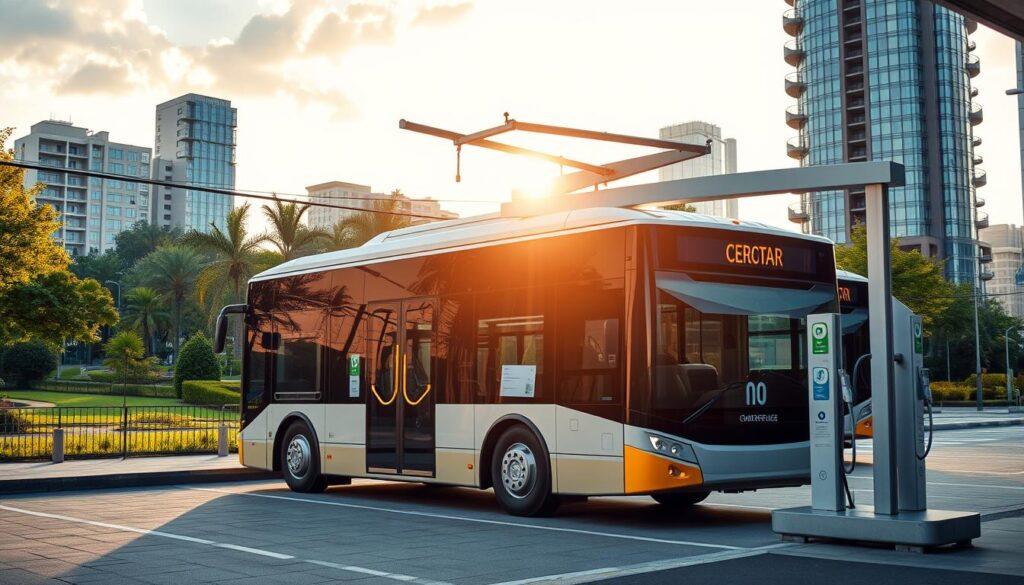 A modern electric bus equipped with an overhead pantograph charging system is parked at a sleek, innovative charging station. In the foreground, the bus features clean lines and a vibrant design, showcasing its eco-friendly technology. The middle ground includes the charging infrastructure with an overhead pantograph actively connecting to the bus, surrounded by clear signage and charging cables. The background reveals a cityscape with green parks and sustainable buildings, bathed in warm daylight, creating an inviting atmosphere. The composition is captured from a slight low angle to emphasize the height of the pantograph and the bus's modernity. The mood is forward-looking and technological, underscoring the revolution in public transit. A modern electric bus equipped with an overhead pantograph charging system is parked at a sleek, innovative charging station. In the foreground, the bus features clean lines and a vibrant design, showcasing its eco-friendly technology. The middle ground includes the charging infrastructure with an overhead pantograph actively connecting to the bus, surrounded by clear signage and charging cables. The background reveals a cityscape with green parks and sustainable buildings, bathed in warm daylight, creating an inviting atmosphere. The composition is captured from a slight low angle to emphasize the height of the pantograph and the bus's modernity. The mood is forward-looking and technological, underscoring the revolution in public transit.