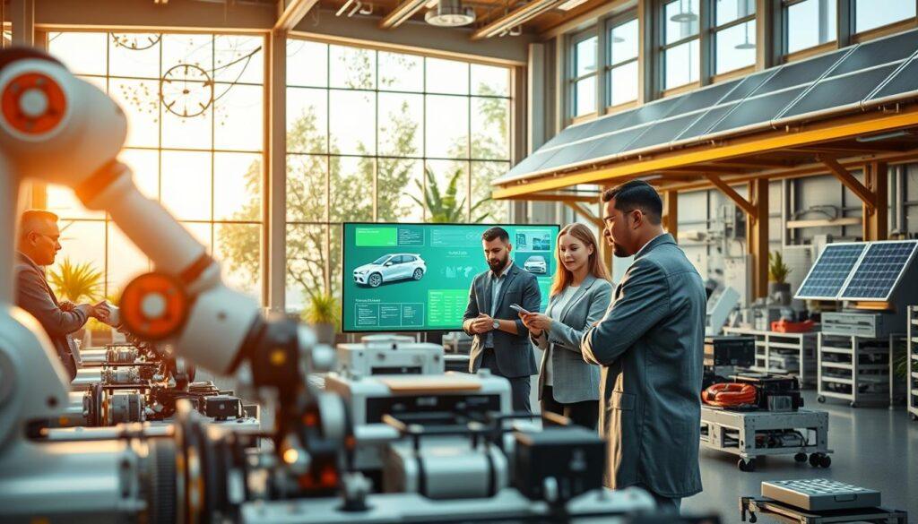 A modern, sleek manufacturing facility for autonomous vehicles, showcasing sustainable practices. In the foreground, robotic arms assembly line precision with eco-friendly materials like recycled metals and biodegradable composites. In the middle, engineers of diverse backgrounds in professional attire, collaborating around digital screens displaying innovative designs for energy-efficient cars. The background features large windows allowing natural light to flood the space, highlighting greenery and solar panels integrated into the architecture. The scene is filled with a sense of urgency and optimism, emphasized by warm lighting that casts gentle shadows, creating a futuristic yet inviting atmosphere. The camera angle is slightly elevated, providing a comprehensive view of the integrated manufacturing process, symbolizing the circular economy and carbon-neutral production. A modern, sleek manufacturing facility for autonomous vehicles, showcasing sustainable practices. In the foreground, robotic arms assembly line precision with eco-friendly materials like recycled metals and biodegradable composites. In the middle, engineers of diverse backgrounds in professional attire, collaborating around digital screens displaying innovative designs for energy-efficient cars. The background features large windows allowing natural light to flood the space, highlighting greenery and solar panels integrated into the architecture. The scene is filled with a sense of urgency and optimism, emphasized by warm lighting that casts gentle shadows, creating a futuristic yet inviting atmosphere. The camera angle is slightly elevated, providing a comprehensive view of the integrated manufacturing process, symbolizing the circular economy and carbon-neutral production.