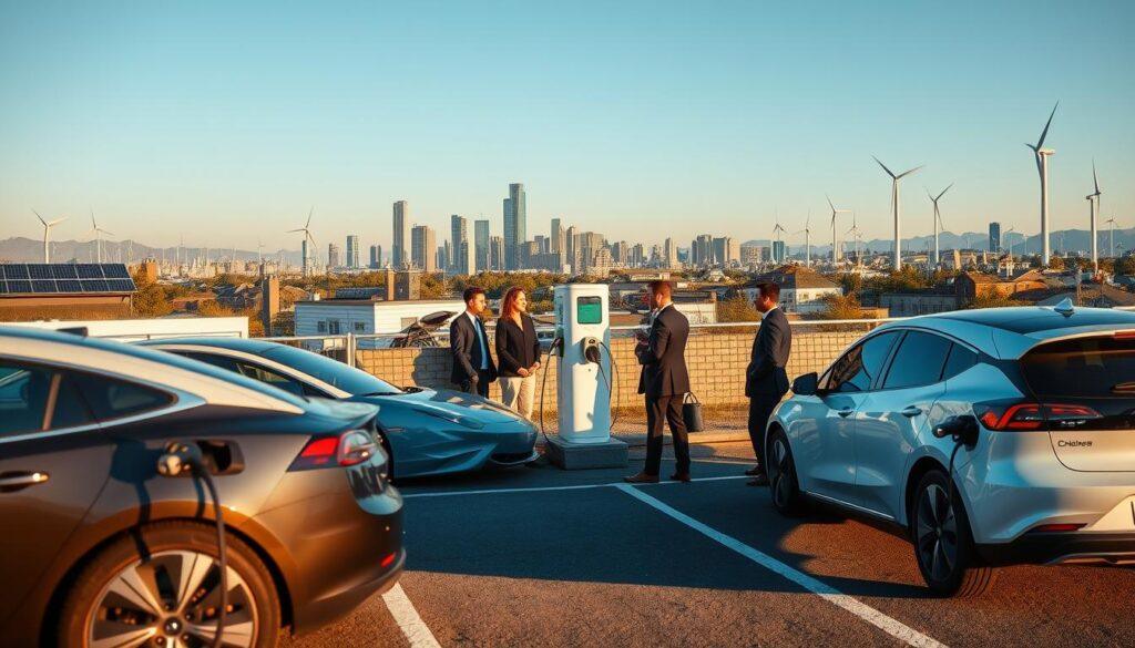 A modern urban landscape showcasing the expansion of EV charging infrastructure. In the foreground, several sleek electric vehicles are parked at a well-lit charging station, their charging cables connected to the cars. In the middle ground, diverse professionals in business attire are interacting near a high-tech charging hub, illustrating workplace charging solutions. The background features a city skyline with solar panels on rooftops and wind turbines on the outskirts, highlighting smart grid integration. The scene is bathed in warm, golden-hour lighting, creating an optimistic and forward-looking atmosphere. A wide-angle view captures the depth of the scene, emphasizing the growing network of public charging stations against a clear blue sky. A modern urban landscape showcasing the expansion of EV charging infrastructure. In the foreground, several sleek electric vehicles are parked at a well-lit charging station, their charging cables connected to the cars. In the middle ground, diverse professionals in business attire are interacting near a high-tech charging hub, illustrating workplace charging solutions. The background features a city skyline with solar panels on rooftops and wind turbines on the outskirts, highlighting smart grid integration. The scene is bathed in warm, golden-hour lighting, creating an optimistic and forward-looking atmosphere. A wide-angle view captures the depth of the scene, emphasizing the growing network of public charging stations against a clear blue sky.