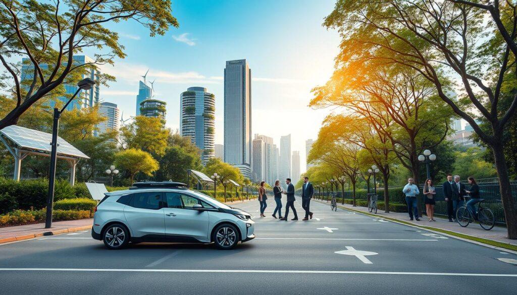 A serene, modern urban landscape showcasing autonomous vehicles gliding smoothly along a tree-lined avenue. In the foreground, an elegantly designed self-driving car with a sleek, eco-friendly aesthetic, surrounded by lush greenery, solar panels, and bike lanes. In the middle ground, a diverse group of professionals in business attire discussing safety and sustainability, using tablets and digital displays, symbolizing collaboration in green transportation. In the background, soaring skyscrapers adorned with vertical gardens and wind turbines, under a clear blue sky with soft, warm sunlight illuminating the scene. The atmosphere is one of innovation and harmony, emphasizing the intersection of technology, safety, and environmental consciousness, captured from a slightly elevated angle for a dynamic perspective. A serene, modern urban landscape showcasing autonomous vehicles gliding smoothly along a tree-lined avenue. In the foreground, an elegantly designed self-driving car with a sleek, eco-friendly aesthetic, surrounded by lush greenery, solar panels, and bike lanes. In the middle ground, a diverse group of professionals in business attire discussing safety and sustainability, using tablets and digital displays, symbolizing collaboration in green transportation. In the background, soaring skyscrapers adorned with vertical gardens and wind turbines, under a clear blue sky with soft, warm sunlight illuminating the scene. The atmosphere is one of innovation and harmony, emphasizing the intersection of technology, safety, and environmental consciousness, captured from a slightly elevated angle for a dynamic perspective.