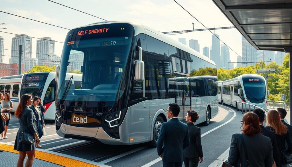 A sleek, futuristic self-driving bus navigates a bustling urban environment, surrounded by automated trains gliding smoothly along elevated tracks. In the foreground, a diverse group of passengers waits at a modern transit station, dressed in professional business attire, embodying a sense of connectivity and convenience. The middle layer showcases advanced safety technology, such as sensors and cameras integrated into the bus and train systems. The background features a vibrant city skyline with smart buildings and verdant green spaces, illuminated by natural sunlight, creating an optimistic and forward-thinking atmosphere. Capture this scene from a slightly elevated angle, using a wide lens to emphasize the harmony between transportation and urban life, evoking a mood of innovation and efficiency. A sleek, futuristic self-driving bus navigates a bustling urban environment, surrounded by automated trains gliding smoothly along elevated tracks. In the foreground, a diverse group of passengers waits at a modern transit station, dressed in professional business attire, embodying a sense of connectivity and convenience. The middle layer showcases advanced safety technology, such as sensors and cameras integrated into the bus and train systems. The background features a vibrant city skyline with smart buildings and verdant green spaces, illuminated by natural sunlight, creating an optimistic and forward-thinking atmosphere. Capture this scene from a slightly elevated angle, using a wide lens to emphasize the harmony between transportation and urban life, evoking a mood of innovation and efficiency.