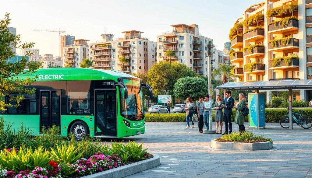 A vibrant cityscape showcasing electric public transit in action. In the foreground, a modern electric bus is pulling away from a clean, green bus stop, surrounded by lush greenery and flower beds, symbolizing environmental sustainability. The middle ground features diverse commuters in professional business attire waiting at the bus stop, engaging with their devices, while adjacent solar panels and bike-sharing stations highlight renewable energy solutions. The background displays a skyline of eco-friendly buildings with balconies adorned with greenery. Soft golden hour lighting enhances the atmosphere, reflecting a hopeful and clean future. The overall mood is optimistic and forward-thinking, emphasizing the positive environmental impact of electric public transit systems. A vibrant cityscape showcasing electric public transit in action. In the foreground, a modern electric bus is pulling away from a clean, green bus stop, surrounded by lush greenery and flower beds, symbolizing environmental sustainability. The middle ground features diverse commuters in professional business attire waiting at the bus stop, engaging with their devices, while adjacent solar panels and bike-sharing stations highlight renewable energy solutions. The background displays a skyline of eco-friendly buildings with balconies adorned with greenery. Soft golden hour lighting enhances the atmosphere, reflecting a hopeful and clean future. The overall mood is optimistic and forward-thinking, emphasizing the positive environmental impact of electric public transit systems.