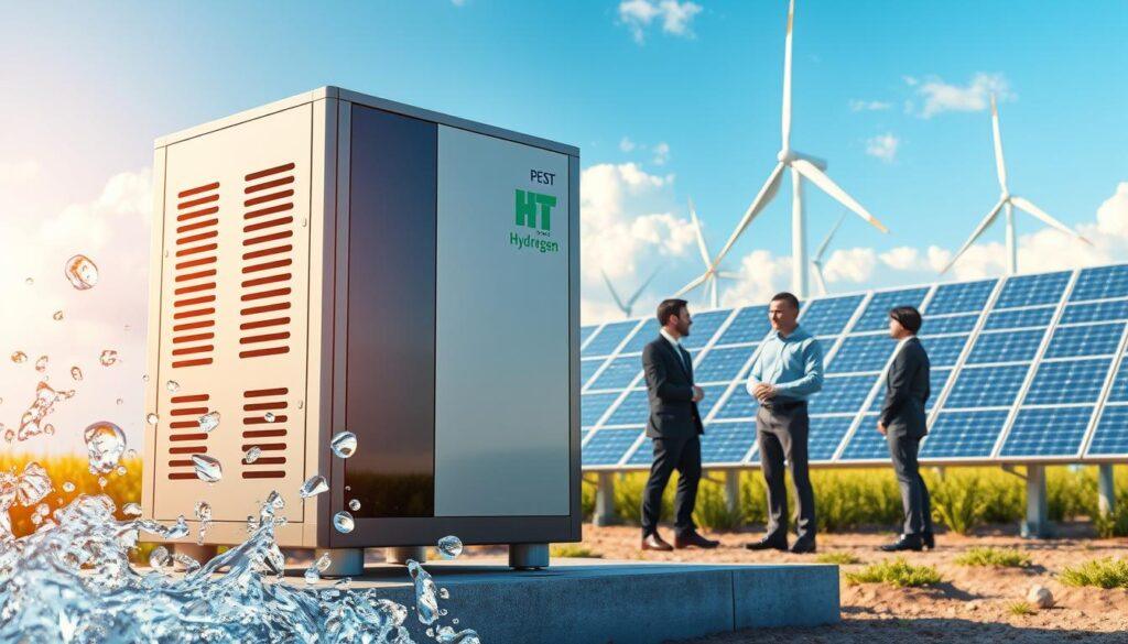 A vibrant, futuristic scene depicting green hydrogen production through electrolysis set against a backdrop of renewable energy sources. In the foreground, a sleek electrolysis unit is prominently displayed, surrounded by glistening water droplets, symbolizing the production process. To the right, panels of shimmering solar cells and spinning wind turbines reflect a commitment to sustainability. The middle ground features engineers in professional attire, observing the system with focus and collaboration, showcasing innovation in action. The background displays a clear blue sky with fluffy clouds, signaling a bright future for clean energy. Soft, natural lighting from the sun bathes the scene, creating an inspiring atmosphere of progress and technological advancement.