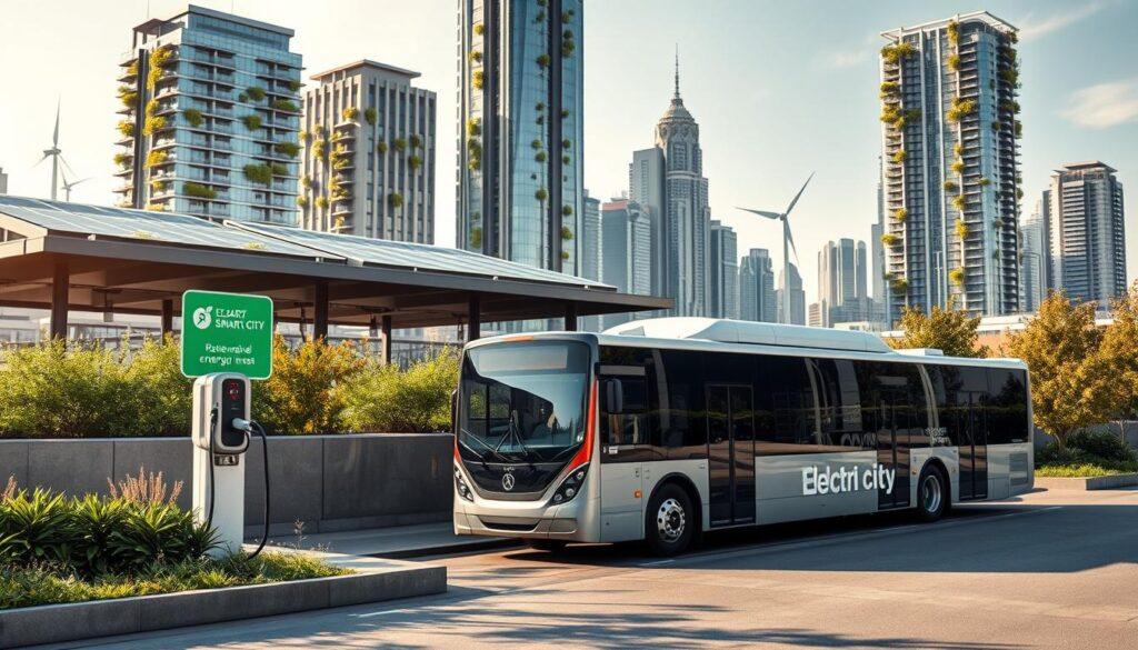 A vibrant urban scene showcasing a sustainable electric bus charging station. In the foreground, a sleek, modern electric bus is parked, connected to an advanced charging unit, emitting a faint glow from its charging port. The middle ground features green landscaping, solar panels on the roof, and eco-friendly signage emphasizing renewable energy use. The background reveals a smart city skyline, with skyscrapers adorned with vertical gardens and wind turbines. Soft morning light filters through the scene, casting gentle shadows, creating a calm yet optimistic atmosphere. The image is captured through a slightly elevated angle, highlighting the harmonious blend of technology and nature, while portraying a cleaner, greener future for public transit systems. A vibrant urban scene showcasing a sustainable electric bus charging station. In the foreground, a sleek, modern electric bus is parked, connected to an advanced charging unit, emitting a faint glow from its charging port. The middle ground features green landscaping, solar panels on the roof, and eco-friendly signage emphasizing renewable energy use. The background reveals a smart city skyline, with skyscrapers adorned with vertical gardens and wind turbines. Soft morning light filters through the scene, casting gentle shadows, creating a calm yet optimistic atmosphere. The image is captured through a slightly elevated angle, highlighting the harmonious blend of technology and nature, while portraying a cleaner, greener future for public transit systems.