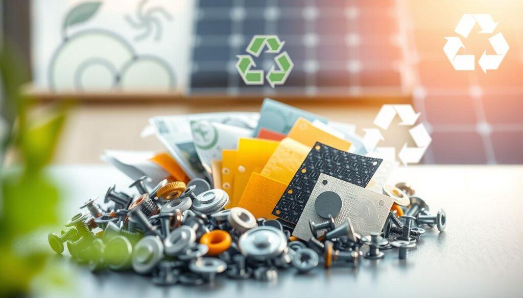 A circular design concept focusing on solar panel recycling, featuring an intricate arrangement of disassembly fasteners and encapsulants intertwined with various backsheet materials. In the foreground, vividly detailed fasteners in different sizes and materials are showcased, illuminating the mechanisms of disassembly. The middle ground displays an array of encapsulant samples with varied textures and transparency, highlighting their role in solar technology. In the background, abstract representations of solar panels and recycling symbols convey a sense of progress in sustainability. Soft, natural lighting creates an eco-friendly atmosphere, with a shallow depth of field emphasizing the design's components. The overall mood is innovative and hopeful, suggesting a brighter future for solar energy and environmental circularity. A circular design concept focusing on solar panel recycling, featuring an intricate arrangement of disassembly fasteners and encapsulants intertwined with various backsheet materials. In the foreground, vividly detailed fasteners in different sizes and materials are showcased, illuminating the mechanisms of disassembly. The middle ground displays an array of encapsulant samples with varied textures and transparency, highlighting their role in solar technology. In the background, abstract representations of solar panels and recycling symbols convey a sense of progress in sustainability. Soft, natural lighting creates an eco-friendly atmosphere, with a shallow depth of field emphasizing the design's components. The overall mood is innovative and hopeful, suggesting a brighter future for solar energy and environmental circularity.