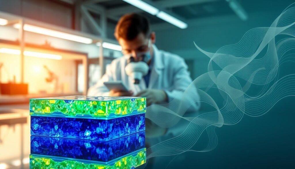 A close-up view of a cutting-edge perovskite solar cell showcasing its innovative encapsulation and passivation layers. The foreground features a transparent layer of advanced material, with a beautiful crystalline structure reflected in vibrant hues of blue and green, symbolizing stability and energy. In the middle ground, a scientist in a lab coat examines the solar cell under sophisticated lighting, with their laboratory filled with high-tech equipment such as microscopes and solar cell testing apparatus. The background transitions into an abstract representation of ion migration pathways, illustrated with flowing lines and patterns in a soft gradient. The image conveys an atmosphere of optimism and innovation, emphasizing breakthroughs in solar technology with sharp focus and a bright, professional ambiance. A close-up view of a cutting-edge perovskite solar cell showcasing its innovative encapsulation and passivation layers. The foreground features a transparent layer of advanced material, with a beautiful crystalline structure reflected in vibrant hues of blue and green, symbolizing stability and energy. In the middle ground, a scientist in a lab coat examines the solar cell under sophisticated lighting, with their laboratory filled with high-tech equipment such as microscopes and solar cell testing apparatus. The background transitions into an abstract representation of ion migration pathways, illustrated with flowing lines and patterns in a soft gradient. The image conveys an atmosphere of optimism and innovation, emphasizing breakthroughs in solar technology with sharp focus and a bright, professional ambiance.