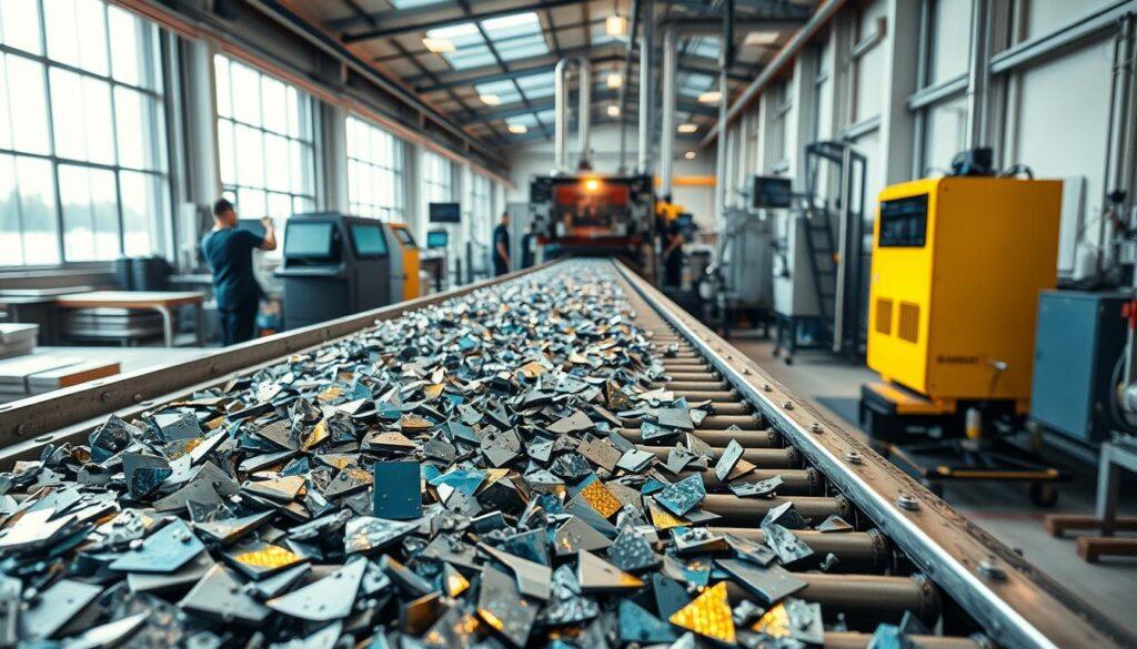 A close-up view of a high-tech recycling facility dedicated to solar panel recovery, focusing on the mechanical, thermal, and chemical processes for extracting silver and silicon. In the foreground, a metallic conveyor belt carries shards of dismantled solar panels sparkling with shards of glass and reflective silver materials. The middle ground showcases workers in professional attire using advanced machinery and monitoring screens, surrounded by lab equipment. The background features large windows letting in natural light, casting a warm glow over the scene, highlighting the intricate details of the recycling process. The atmosphere is industrious yet clean, emphasizing sustainability and innovation in renewable energy recovery. The image should be crisp with high detail, shot from a high angle perspective to capture the entire operation effectively. A close-up view of a high-tech recycling facility dedicated to solar panel recovery, focusing on the mechanical, thermal, and chemical processes for extracting silver and silicon. In the foreground, a metallic conveyor belt carries shards of dismantled solar panels sparkling with shards of glass and reflective silver materials. The middle ground showcases workers in professional attire using advanced machinery and monitoring screens, surrounded by lab equipment. The background features large windows letting in natural light, casting a warm glow over the scene, highlighting the intricate details of the recycling process. The atmosphere is industrious yet clean, emphasizing sustainability and innovation in renewable energy recovery. The image should be crisp with high detail, shot from a high angle perspective to capture the entire operation effectively.