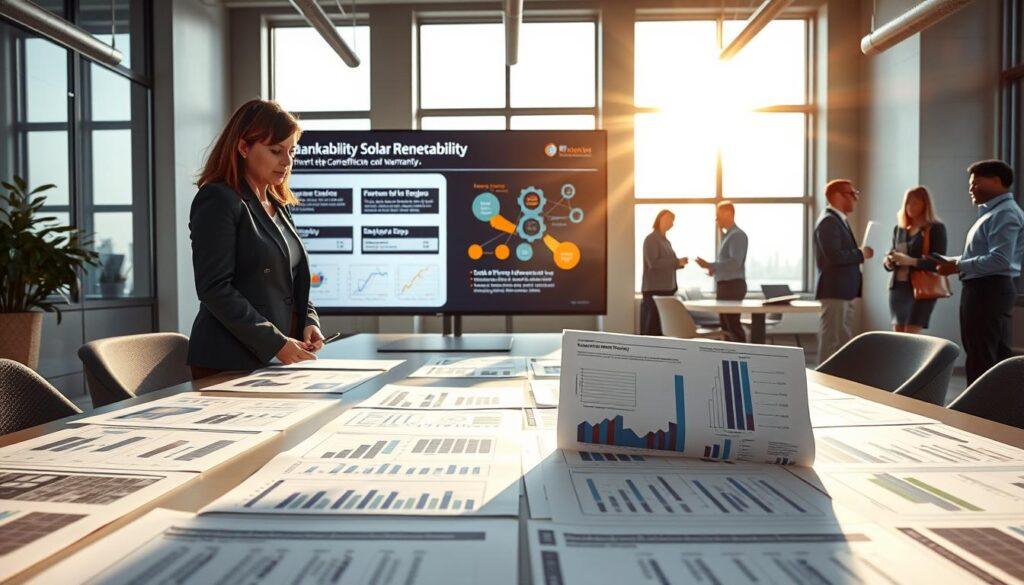 A contemporary office setting featuring a detailed presentation table covered with solar photovoltaic (PV) datasheets. In the foreground, a smartly dressed business professional, a middle-aged woman in business attire, is scrutinizing a clear, detailed bankability report with graphs and charts illuminating the N-type TOPCon cell technology's reliability. The middle section showcases a large, sleek display screen projecting a dynamic infographic about solar efficiency and warranties, bathed in bright, natural light streaming in from large windows. In the background, a bustling team of professionals collaborate, reviewing data and engaging in discussions, creating an atmosphere of innovation and urgency. The overall mood is focused and optimistic, reflecting a forward-looking approach to solar energy finance and sustainability, captured with a wide-angle lens for depth. A contemporary office setting featuring a detailed presentation table covered with solar photovoltaic (PV) datasheets. In the foreground, a smartly dressed business professional, a middle-aged woman in business attire, is scrutinizing a clear, detailed bankability report with graphs and charts illuminating the N-type TOPCon cell technology's reliability. The middle section showcases a large, sleek display screen projecting a dynamic infographic about solar efficiency and warranties, bathed in bright, natural light streaming in from large windows. In the background, a bustling team of professionals collaborate, reviewing data and engaging in discussions, creating an atmosphere of innovation and urgency. The overall mood is focused and optimistic, reflecting a forward-looking approach to solar energy finance and sustainability, captured with a wide-angle lens for depth.