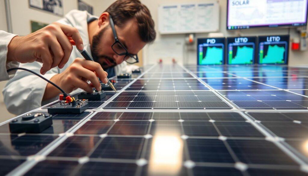 A detailed close-up of heterojunction HJT solar PV modules arranged neatly on a testing bench, showcasing various technical components like junction boxes and wiring. In the foreground, highlight a researcher in professional attire examining the modules with precision tools, emphasizing careful inspections. In the middle ground, include an array of modules under bright, natural lighting that illuminates their sleek surfaces, reflecting reliability and advanced technology. The background features a laboratory setting with charts and display screens showing PID (Potential Induced Degradation), LID (Light Induced Degradation), and LeTID (Light and Elevated Temperature Induced Degradation) data, conveying a sense of high-tech research and development. The overall mood is focused and optimistic, highlighting advancements in solar technology and reliability in energy solutions. A detailed close-up of heterojunction HJT solar PV modules arranged neatly on a testing bench, showcasing various technical components like junction boxes and wiring. In the foreground, highlight a researcher in professional attire examining the modules with precision tools, emphasizing careful inspections. In the middle ground, include an array of modules under bright, natural lighting that illuminates their sleek surfaces, reflecting reliability and advanced technology. The background features a laboratory setting with charts and display screens showing PID (Potential Induced Degradation), LID (Light Induced Degradation), and LeTID (Light and Elevated Temperature Induced Degradation) data, conveying a sense of high-tech research and development. The overall mood is focused and optimistic, highlighting advancements in solar technology and reliability in energy solutions.