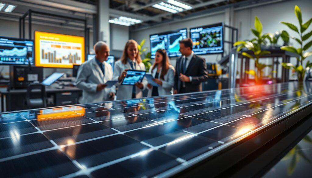 A detailed laboratory setting showcasing the innovative technology of perovskite solar cells. In the foreground, a close-up view of a shiny, transparent perovskite solar cell module, reflecting light and casting interesting shadows. In the middle ground, a diverse team of scientists in professional lab attire is seen examining data on digital screens, pointing at graphs that illustrate efficiency gains and yield degradation statistics. The background features high-tech solar equipment and vibrant green plants, symbolizing sustainability. Soft, focused lighting adds a sense of seriousness, while a slight thermal glow emanates from the solar cells, emphasizing their cutting-edge nature. The atmosphere conveys optimism and progress in renewable energy technology, suited for a professional publication. A detailed laboratory setting showcasing the innovative technology of perovskite solar cells. In the foreground, a close-up view of a shiny, transparent perovskite solar cell module, reflecting light and casting interesting shadows. In the middle ground, a diverse team of scientists in professional lab attire is seen examining data on digital screens, pointing at graphs that illustrate efficiency gains and yield degradation statistics. The background features high-tech solar equipment and vibrant green plants, symbolizing sustainability. Soft, focused lighting adds a sense of seriousness, while a slight thermal glow emanates from the solar cells, emphasizing their cutting-edge nature. The atmosphere conveys optimism and progress in renewable energy technology, suited for a professional publication.
