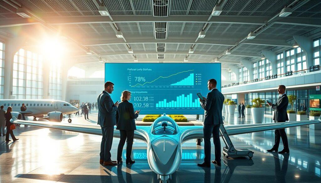 A futuristic aviation hub showcasing the economic competitiveness of biofuels. In the foreground, a sleek, modern electric aircraft is being examined by professionals in business attire, equipped with digital devices, analyzing data. In the middle, a large transparent screen displays graphs and charts related to biofuel costs and investments, glowing softly in a vibrant blue hue. The background features a busy airport terminal with eco-friendly architecture, solar panels on the roof, and green spaces. The scene is illuminated by bright, natural daylight streaming through large windows, creating an optimistic and forward-thinking atmosphere. Use a wide-angle lens to capture the dynamic interaction between technology and sustainability, emphasizing innovation in the aviation industry. A futuristic aviation hub showcasing the economic competitiveness of biofuels. In the foreground, a sleek, modern electric aircraft is being examined by professionals in business attire, equipped with digital devices, analyzing data. In the middle, a large transparent screen displays graphs and charts related to biofuel costs and investments, glowing softly in a vibrant blue hue. The background features a busy airport terminal with eco-friendly architecture, solar panels on the roof, and green spaces. The scene is illuminated by bright, natural daylight streaming through large windows, creating an optimistic and forward-thinking atmosphere. Use a wide-angle lens to capture the dynamic interaction between technology and sustainability, emphasizing innovation in the aviation industry.