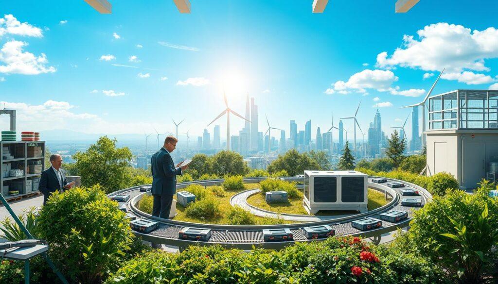 A futuristic circular economy model showcasing the lifecycle of electric vehicle (EV) batteries. In the foreground, depict a vibrant workshop with professionals in business attire examining modular battery components and recycling technologies. In the middle ground, illustrate a closed-loop manufacturing process, with conveyor belts transporting batteries through various stages of reuse and recycling, surrounded by lush greenery symbolizing sustainability. In the background, incorporate a cityscape featuring renewable energy sources like wind turbines and solar panels, under a bright blue sky. Use bright, natural lighting to emphasize a sense of innovation and hope. The atmosphere should be rich with anticipation for a greener future, highlighting the interconnectedness of technology and environmental stewardship. A futuristic circular economy model showcasing the lifecycle of electric vehicle (EV) batteries. In the foreground, depict a vibrant workshop with professionals in business attire examining modular battery components and recycling technologies. In the middle ground, illustrate a closed-loop manufacturing process, with conveyor belts transporting batteries through various stages of reuse and recycling, surrounded by lush greenery symbolizing sustainability. In the background, incorporate a cityscape featuring renewable energy sources like wind turbines and solar panels, under a bright blue sky. Use bright, natural lighting to emphasize a sense of innovation and hope. The atmosphere should be rich with anticipation for a greener future, highlighting the interconnectedness of technology and environmental stewardship.
