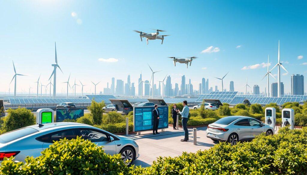 A futuristic cityscape showcasing clean transport energy integrated within a smart grid. In the foreground, electric vehicles charging at sleek, solar-powered stations surrounded by greenery. In the middle, a modern smart grid interface with illuminated screens displaying real-time data on energy consumption and load balancing. Engineers in professional business attire discuss strategies, while drones monitor energy flows. The background features wind turbines and solar panels seamlessly integrated into the urban skyline, under a bright, clear sky with soft sunlight illuminating the scene. The atmosphere is optimistic and innovative, highlighting the harmony between technology and nature. Use a wide-angle lens to capture the depth and scale of this advanced energy ecosystem.