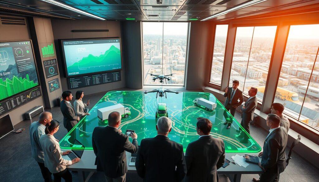 A futuristic control room filled with advanced AI technology and screens displaying real-time traffic data and route optimization algorithms. In the foreground, a diverse group of professionals, dressed in smart business attire, collaborates around a digital map showcasing optimized delivery routes, highlighted in green to symbolize eco-friendliness. The middle ground features interactive holograms of delivery trucks and drones, seamlessly integrating into the logistics network. The background reveals a large window overlooking a bustling, sustainable cityscape with green spaces and solar panels. The lighting is bright and focused, creating a productive atmosphere, while the overall mood is one of innovation and sustainability, emphasizing the integration of technology in green logistics. A futuristic control room filled with advanced AI technology and screens displaying real-time traffic data and route optimization algorithms. In the foreground, a diverse group of professionals, dressed in smart business attire, collaborates around a digital map showcasing optimized delivery routes, highlighted in green to symbolize eco-friendliness. The middle ground features interactive holograms of delivery trucks and drones, seamlessly integrating into the logistics network. The background reveals a large window overlooking a bustling, sustainable cityscape with green spaces and solar panels. The lighting is bright and focused, creating a productive atmosphere, while the overall mood is one of innovation and sustainability, emphasizing the integration of technology in green logistics.