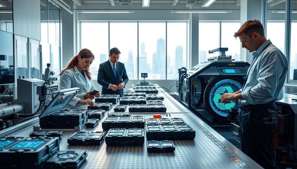 A futuristic laboratory showcasing advanced electric vehicle battery recycling technologies, with an emphasis on process optimization and cost reduction. In the foreground, a diverse group of scientists in professional attire collaborate over high-tech equipment, examining disassembled battery cells. The middle ground features innovative machinery designed for efficient material recovery, with glowing screens displaying data analytics and 3D visualizations of recycling processes. In the background, large windows reveal a modern city skyline, symbolizing the integration of circular economy practices. Bright, natural light filters through, creating a dynamic and hopeful atmosphere. The camera angle is slightly elevated, focusing on the active hands of the researchers and the intricate machinery, highlighting the intersection of technology and sustainability. A futuristic laboratory showcasing advanced electric vehicle battery recycling technologies, with an emphasis on process optimization and cost reduction. In the foreground, a diverse group of scientists in professional attire collaborate over high-tech equipment, examining disassembled battery cells. The middle ground features innovative machinery designed for efficient material recovery, with glowing screens displaying data analytics and 3D visualizations of recycling processes. In the background, large windows reveal a modern city skyline, symbolizing the integration of circular economy practices. Bright, natural light filters through, creating a dynamic and hopeful atmosphere. The camera angle is slightly elevated, focusing on the active hands of the researchers and the intricate machinery, highlighting the intersection of technology and sustainability.