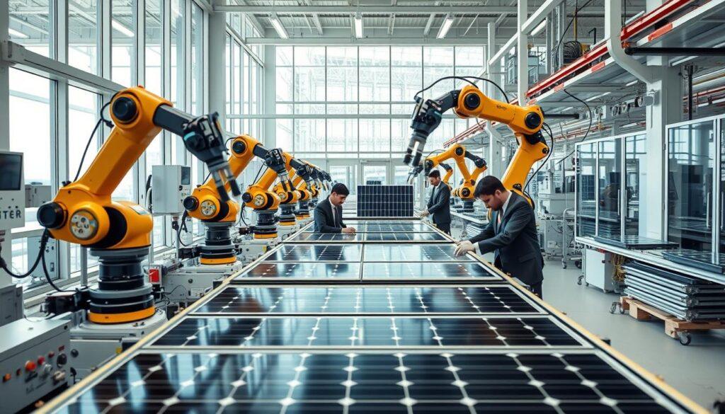 A high-tech solar manufacturing facility featuring automated production lines for perovskite tandem solar cells. In the foreground, robotic arms assemble solar panels with precision, using advanced machinery that reflects innovation. The middle ground showcases workers in professional business attire, focused and engaged in quality control, with various solar modules in the assembly process. The background displays large glass windows allowing natural light to flood the space, illuminating the clean and organized workspace. The lighting is bright and clinical, emphasizing a sense of modern technology and efficiency. The overall atmosphere conveys a fusion of advanced technology and industrial productivity, highlighting the shift toward new manufacturing pathways in solar technology. A high-tech solar manufacturing facility featuring automated production lines for perovskite tandem solar cells. In the foreground, robotic arms assemble solar panels with precision, using advanced machinery that reflects innovation. The middle ground showcases workers in professional business attire, focused and engaged in quality control, with various solar modules in the assembly process. The background displays large glass windows allowing natural light to flood the space, illuminating the clean and organized workspace. The lighting is bright and clinical, emphasizing a sense of modern technology and efficiency. The overall atmosphere conveys a fusion of advanced technology and industrial productivity, highlighting the shift toward new manufacturing pathways in solar technology.