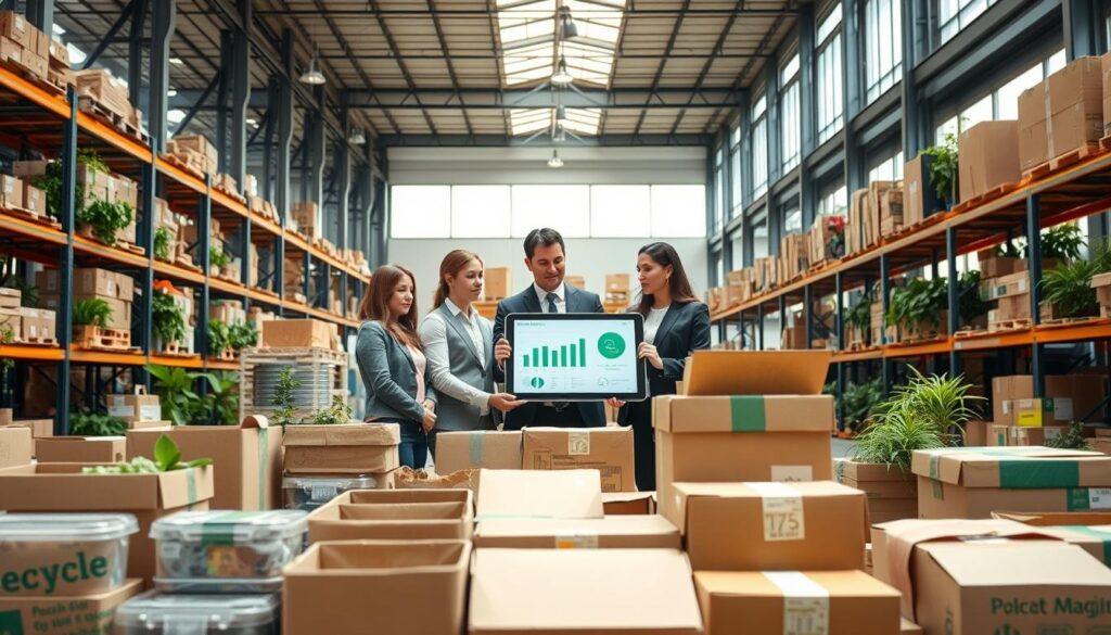 A modern logistics hub featuring innovative sustainable packaging solutions. In the foreground, various eco-friendly packaging materials, such as biodegradable containers and recycled cardboard boxes, are neatly arranged, showcasing their unique designs. The middle ground features a diverse group of professionals, dressed in smart business attire, collaborating around a digital tablet displaying packaging optimization metrics. In the background, a bright, airy warehouse filled with greenery and state-of-the-art logistics equipment illustrates an efficient supply chain environment. Utilize natural daylight streaming through large windows to enhance the atmosphere of sustainability and innovation. The scene captures a sense of collaboration and progress towards a greener future in logistics, with a clear perspective and vibrant colors, creating an optimistic mood. A modern logistics hub featuring innovative sustainable packaging solutions. In the foreground, various eco-friendly packaging materials, such as biodegradable containers and recycled cardboard boxes, are neatly arranged, showcasing their unique designs. The middle ground features a diverse group of professionals, dressed in smart business attire, collaborating around a digital tablet displaying packaging optimization metrics. In the background, a bright, airy warehouse filled with greenery and state-of-the-art logistics equipment illustrates an efficient supply chain environment. Utilize natural daylight streaming through large windows to enhance the atmosphere of sustainability and innovation. The scene captures a sense of collaboration and progress towards a greener future in logistics, with a clear perspective and vibrant colors, creating an optimistic mood.