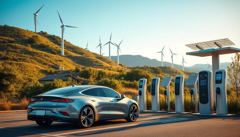 A modern wind power transport infrastructure scene showcasing multiple wind turbines on a hillside in the background, their blades turning gently in the wind. In the foreground, a sleek electric vehicle is parked at a state-of-the-art wind-powered charging station, with solar panels integrated into the design. The middle ground features charging docks with digital screens and lush greenery surrounding the area, conveying an eco-friendly environment. Soft, natural lighting casts a warm glow on the scene during a clear day, highlighting the harmony between technology and nature. The overall atmosphere is vibrant and optimistic, symbolizing the future of renewable energy in transportation systems. Shot from a slightly elevated angle to capture the expansive landscape and infrastructure layout.