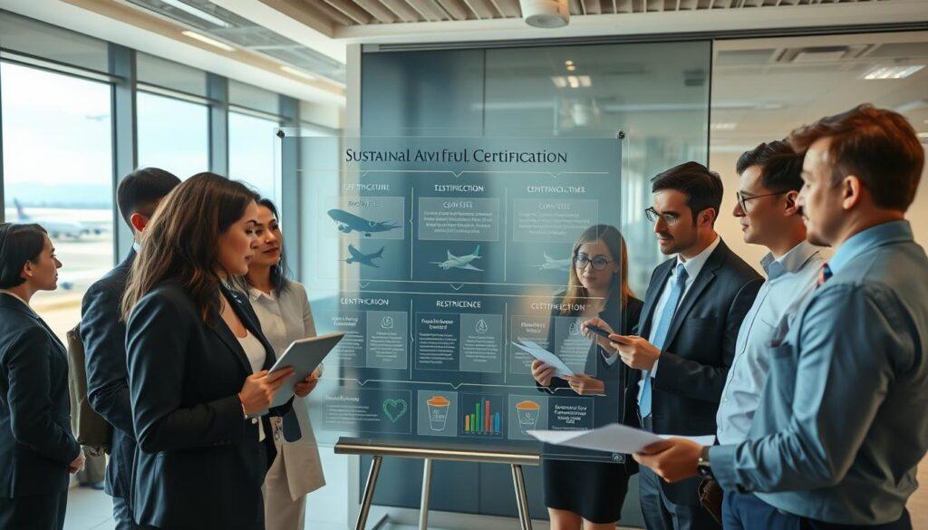 A professional setting showcasing the sustainable aviation fuel regulatory certification process. In the foreground, a diverse group of individuals in business attire, including a woman analyzing data on a digital tablet and a man reviewing documents, are engaged in a discussion. The middle ground features a large, transparent display board illustrating the steps of the certification process with graphics of biofuel jets and environmental compliance charts. In the background, an office with a modern design, featuring a window overlooking an airport runway, and aircraft in the distance. The lighting is bright and focused, creating a productive atmosphere. Use a wide-angle lens to capture the collaborative environment, emphasizing the importance of sustainable aviation innovations and regulatory standards. A professional setting showcasing the sustainable aviation fuel regulatory certification process. In the foreground, a diverse group of individuals in business attire, including a woman analyzing data on a digital tablet and a man reviewing documents, are engaged in a discussion. The middle ground features a large, transparent display board illustrating the steps of the certification process with graphics of biofuel jets and environmental compliance charts. In the background, an office with a modern design, featuring a window overlooking an airport runway, and aircraft in the distance. The lighting is bright and focused, creating a productive atmosphere. Use a wide-angle lens to capture the collaborative environment, emphasizing the importance of sustainable aviation innovations and regulatory standards.
