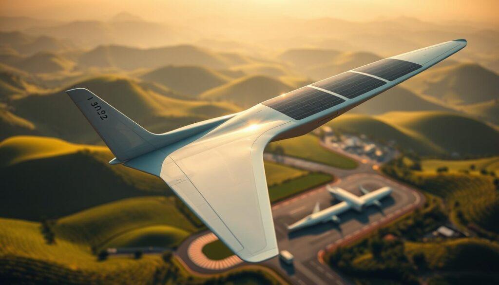 A sleek, modern electric aircraft soaring above a verdant landscape, symbolizing green aviation technology and operational efficiency. In the foreground, a close-up view of highly advanced biofuel cells and lightweight materials employed in the aircraft’s wings, glistening under natural sunlight. The middle ground features the aircraft in flight, showcasing its aerodynamic design, with solar panels integrated into the wings. In the background, a picturesque mix of rolling green hills and an efficient airport with low-emission vehicles on the ground. Soft, warm lighting enhances a tranquil atmosphere, emphasizing innovation and sustainability. The angle captures the aircraft in a dynamic upward ascent, inspiring a sense of forward motion and hope for a greener future in aviation. A sleek, modern electric aircraft soaring above a verdant landscape, symbolizing green aviation technology and operational efficiency. In the foreground, a close-up view of highly advanced biofuel cells and lightweight materials employed in the aircraft’s wings, glistening under natural sunlight. The middle ground features the aircraft in flight, showcasing its aerodynamic design, with solar panels integrated into the wings. In the background, a picturesque mix of rolling green hills and an efficient airport with low-emission vehicles on the ground. Soft, warm lighting enhances a tranquil atmosphere, emphasizing innovation and sustainability. The angle captures the aircraft in a dynamic upward ascent, inspiring a sense of forward motion and hope for a greener future in aviation.