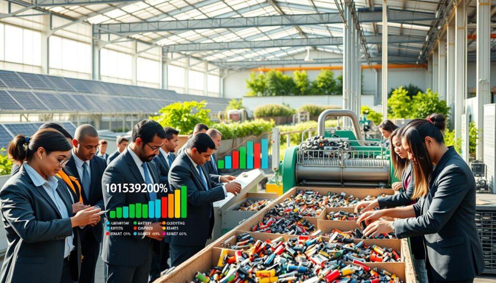 A vibrant and dynamic scene showcasing a lithium battery recycling facility, emphasizing the economic growth and job creation within the recycling industry. In the foreground, a diverse group of workers in professional business attire, including men and women of various ethnicities, actively engaging in the recycling process, handling batteries with care. In the middle ground, modern machinery efficiently processing batteries, with colorful infographic-style visuals displaying growth metrics and job statistics subtly integrated into the machinery's design. The background features a clean and well-organized facility with solar panels and green spaces, signifying resource sustainability. Bright, natural lighting floods the scene, enhancing the sense of optimism and innovation. The overall atmosphere conveys a forward-thinking, eco-friendly future in recycling technologies. A vibrant and dynamic scene showcasing a lithium battery recycling facility, emphasizing the economic growth and job creation within the recycling industry. In the foreground, a diverse group of workers in professional business attire, including men and women of various ethnicities, actively engaging in the recycling process, handling batteries with care. In the middle ground, modern machinery efficiently processing batteries, with colorful infographic-style visuals displaying growth metrics and job statistics subtly integrated into the machinery's design. The background features a clean and well-organized facility with solar panels and green spaces, signifying resource sustainability. Bright, natural lighting floods the scene, enhancing the sense of optimism and innovation. The overall atmosphere conveys a forward-thinking, eco-friendly future in recycling technologies.