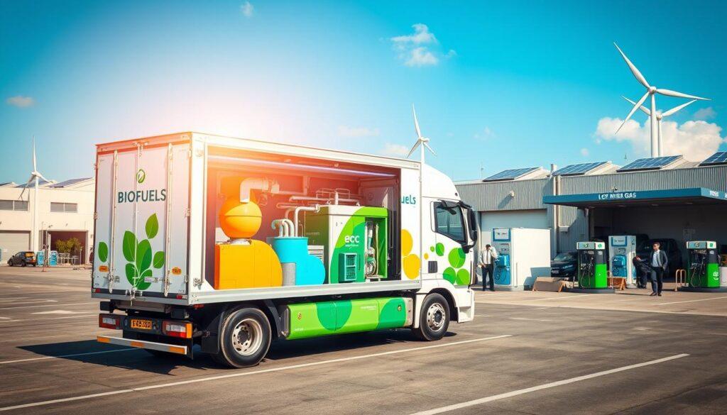 A vibrant depiction of alternative fuel technologies for sustainable freight transport, showcasing a modern commercial vehicle powered by biofuels, hydrogen, and compressed natural gas. In the foreground, a sleek delivery truck with colorful eco-friendly branding, demonstrating its advanced fuel systems visible through transparent panels. In the middle ground, a busy logistics hub with fuel stations specifically for hydrogen and natural gas, featuring modern pumps and signage, bustling with workers in professional attire overseeing operations. The background features a clear blue sky with wind turbines and solar panels on warehouse rooftops, emphasizing a harmonious blend of technology and nature. The scene is illuminated by bright daylight, creating a hopeful and innovative atmosphere, captured from a slightly elevated angle to provide a comprehensive view of the technologies at work. A vibrant depiction of alternative fuel technologies for sustainable freight transport, showcasing a modern commercial vehicle powered by biofuels, hydrogen, and compressed natural gas. In the foreground, a sleek delivery truck with colorful eco-friendly branding, demonstrating its advanced fuel systems visible through transparent panels. In the middle ground, a busy logistics hub with fuel stations specifically for hydrogen and natural gas, featuring modern pumps and signage, bustling with workers in professional attire overseeing operations. The background features a clear blue sky with wind turbines and solar panels on warehouse rooftops, emphasizing a harmonious blend of technology and nature. The scene is illuminated by bright daylight, creating a hopeful and innovative atmosphere, captured from a slightly elevated angle to provide a comprehensive view of the technologies at work.