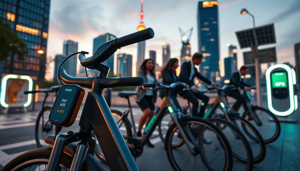 A vibrant urban scene showcasing innovative bike-sharing systems technology. In the foreground, a close-up of a sleek, modern bicycle equipped with a high-tech smart lock and GPS tracker, glowing with soft LED indicators. In the middle ground, several city cyclists engage with the bikes, dressed in professional business attire, demonstrating convenience and sustainability. In the background, a futuristic city skyline at dusk bathed in warm, ambient light, highlighting charging stations with solar panels and battery management systems. The atmosphere is dynamic and energetic, illustrating the transformative impact of micromobility solutions. The scene is captured from a low angle, creating depth and emphasizing the bicycles against the backdrop of urban innovation. A vibrant urban scene showcasing innovative bike-sharing systems technology. In the foreground, a close-up of a sleek, modern bicycle equipped with a high-tech smart lock and GPS tracker, glowing with soft LED indicators. In the middle ground, several city cyclists engage with the bikes, dressed in professional business attire, demonstrating convenience and sustainability. In the background, a futuristic city skyline at dusk bathed in warm, ambient light, highlighting charging stations with solar panels and battery management systems. The atmosphere is dynamic and energetic, illustrating the transformative impact of micromobility solutions. The scene is captured from a low angle, creating depth and emphasizing the bicycles against the backdrop of urban innovation.