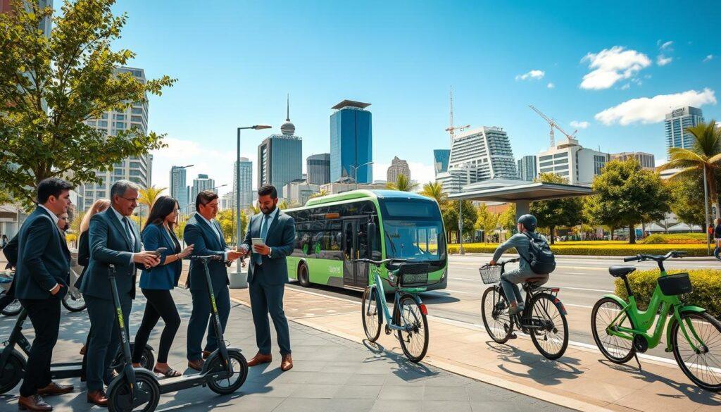 A vibrant urban scene showcasing micromobility solutions integrated with public transit. In the foreground, a diverse group of professionals in business attire stand beside sleek electric scooters and bicycles, looking at a digital map on a smartphone. In the middle, a modern bus stop features a stylish bus designed for easy accessibility, highlighting seamless connectivity. The background showcases a bustling cityscape with green parks, solar-powered streetlights, and innovative architecture, under a bright blue sky illuminated by natural sunlight. The atmosphere is dynamic yet harmonious, emphasizing eco-friendly transportation choices and community engagement. Use a wide-angle lens to capture the depth and energy of the scene, with soft shadows enhancing the realism. A vibrant urban scene showcasing micromobility solutions integrated with public transit. In the foreground, a diverse group of professionals in business attire stand beside sleek electric scooters and bicycles, looking at a digital map on a smartphone. In the middle, a modern bus stop features a stylish bus designed for easy accessibility, highlighting seamless connectivity. The background showcases a bustling cityscape with green parks, solar-powered streetlights, and innovative architecture, under a bright blue sky illuminated by natural sunlight. The atmosphere is dynamic yet harmonious, emphasizing eco-friendly transportation choices and community engagement. Use a wide-angle lens to capture the depth and energy of the scene, with soft shadows enhancing the realism.