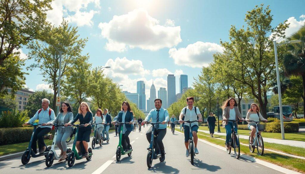 A vibrant urban street scene showcasing the sustainability benefits of micromobility. In the foreground, a diverse group of people in professional attire and modest casual clothing ride electric scooters and bicycles, smiling and enjoying their commute. The middle ground features greenery, such as tree-lined bike lanes and well-maintained parks, creating a serene atmosphere. In the background, a clear blue sky with fluffy clouds contrasts against a modern city skyline, illustrating reduced traffic congestion and improved air quality. Soft sunlight filters through the trees, casting gentle shadows. The overall mood is uplifting and forward-thinking, emphasizing the positive impact of micromobility on urban life, with the focus on carbon reduction and environmental harmony. A vibrant urban street scene showcasing the sustainability benefits of micromobility. In the foreground, a diverse group of people in professional attire and modest casual clothing ride electric scooters and bicycles, smiling and enjoying their commute. The middle ground features greenery, such as tree-lined bike lanes and well-maintained parks, creating a serene atmosphere. In the background, a clear blue sky with fluffy clouds contrasts against a modern city skyline, illustrating reduced traffic congestion and improved air quality. Soft sunlight filters through the trees, casting gentle shadows. The overall mood is uplifting and forward-thinking, emphasizing the positive impact of micromobility on urban life, with the focus on carbon reduction and environmental harmony.
