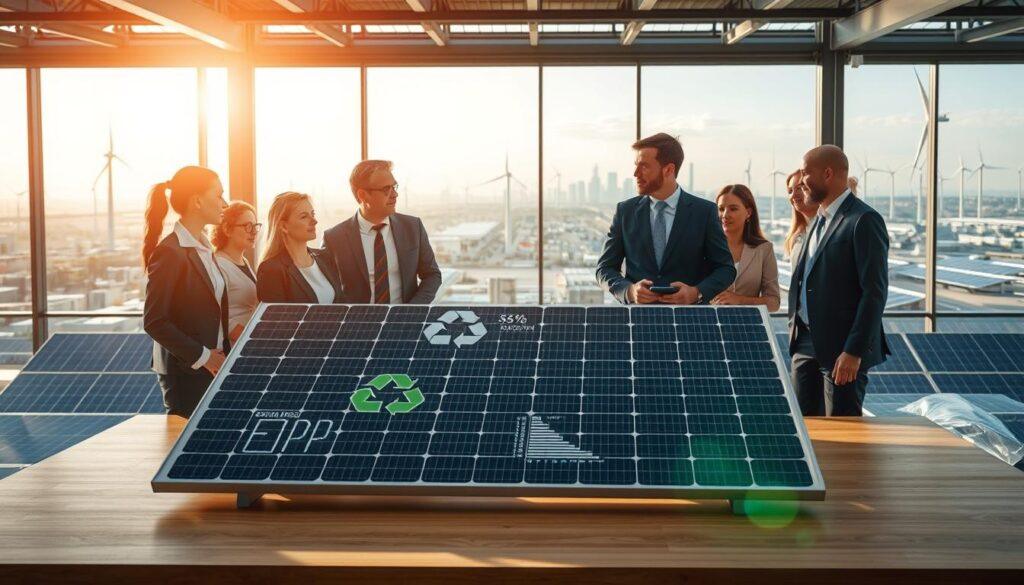 A visually striking representation of EPR (Extended Producer Responsibility) policy in solar panel recycling. In the foreground, feature a diverse group of professionals in business attire, discussing a large solar panel displayed on a table, with graphics of recycling symbols and charts illustrating waste management statistics. The middle ground showcases a factory setting with solar panels being disassembled, highlighting the recycling process. In the background, incorporate a city skyline with wind turbines and solar farms, symbolizing renewable energy. Light spills in from large windows, casting a warm glow, while a soft focus lens effect enhances the overall professional atmosphere. The mood should be optimistic and innovative, reflecting progress in sustainable practices and policy developments in the energy sector. A visually striking representation of EPR (Extended Producer Responsibility) policy in solar panel recycling. In the foreground, feature a diverse group of professionals in business attire, discussing a large solar panel displayed on a table, with graphics of recycling symbols and charts illustrating waste management statistics. The middle ground showcases a factory setting with solar panels being disassembled, highlighting the recycling process. In the background, incorporate a city skyline with wind turbines and solar farms, symbolizing renewable energy. Light spills in from large windows, casting a warm glow, while a soft focus lens effect enhances the overall professional atmosphere. The mood should be optimistic and innovative, reflecting progress in sustainable practices and policy developments in the energy sector.