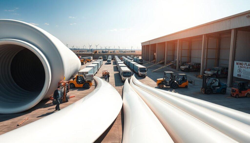 A bustling logistics hub dedicated to wind blade recycling, showcasing large, dismantled wind turbine blades in the foreground. Skilled workers in professional business attire carefully inspect and categorize the blades, with advanced machinery and forklifts in operation. In the middle ground, a fleet of specialized trucks awaits, ready for transportation, surrounded by an organized layout of labeled areas for different materials. The background features a clear blue sky and distant wind farms, symbolizing renewable energy. Soft, natural lighting illuminates the scene, creating an optimistic atmosphere while casting gentle shadows. The angle provides a dynamic view, emphasizing the collaborative effort in promoting sustainability through efficient logistics.