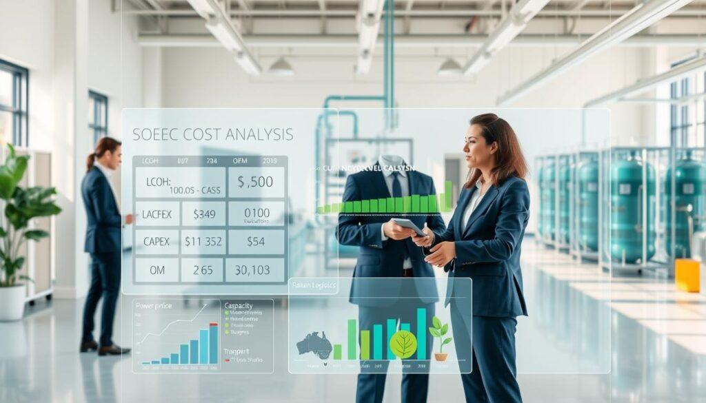 A detailed and sophisticated illustration of "SOEC cost analysis" related to green hydrogen production. In the foreground, a clean, modern office setting featuring a professional businesswoman and businessman analyzing data on a transparent digital display showing key metrics such as LCOH, CAPEX, and O&M. In the middle ground, a large infographic visualizes the cost structure, including graphical representations of power price caps, capacity factors, and transport logistics. The background features an eco-friendly laboratory with electrolyzer units and green energy symbols. Use natural lighting to create a bright and optimistic atmosphere, with a focus on clarity and professionalism. The angle should be slightly above eye level to capture both the digital interface and the engaged expressions of the analysts.