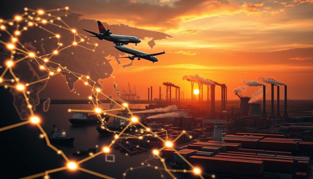 A detailed, dynamic project map illustrating the interconnectedness of airlines, shippers, steel mills, and coastal hubs. In the foreground, showcase a close-up of an abstract, digital map with glowing pathways connecting various locations, representing logistics and transportation routes. The middle ground features modern airplanes flying over a bustling coastal hub with ships loading cargo, steel mills with smokestacks emitting white smoke, and containers being transported. In the background, a vibrant sunset casts warm orange and yellow hues, contrasting with the industrial structures silhouetted against the sky. Utilize a wide-angle lens effect to capture the expansive view, emphasizing the integration of sectors. The atmosphere is energetic and forward-looking, embodying innovation in sustainable energy solutions. A detailed, dynamic project map illustrating the interconnectedness of airlines, shippers, steel mills, and coastal hubs. In the foreground, showcase a close-up of an abstract, digital map with glowing pathways connecting various locations, representing logistics and transportation routes. The middle ground features modern airplanes flying over a bustling coastal hub with ships loading cargo, steel mills with smokestacks emitting white smoke, and containers being transported. In the background, a vibrant sunset casts warm orange and yellow hues, contrasting with the industrial structures silhouetted against the sky. Utilize a wide-angle lens effect to capture the expansive view, emphasizing the integration of sectors. The atmosphere is energetic and forward-looking, embodying innovation in sustainable energy solutions.